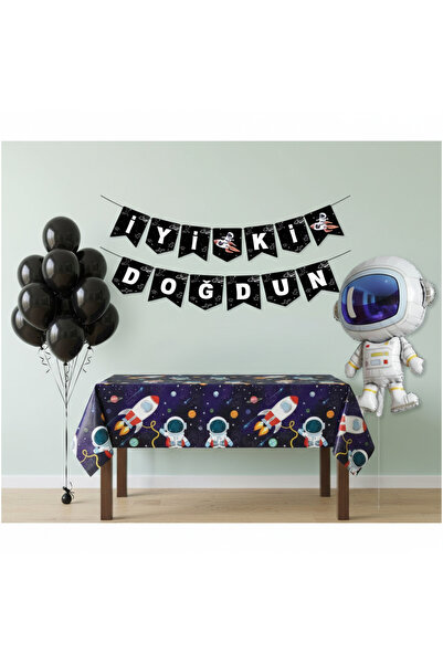 Umamiçe Uzay Party Set – 10 Black Balloons + Banner + Foil Balloon + Tablecloth