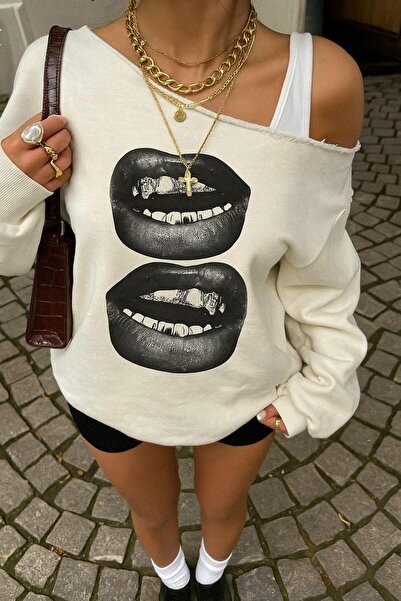 Afri Γυναικείο φούτερ εκρού oversized – με τύπωμα Lip Print Με σχέδιο , Stree...