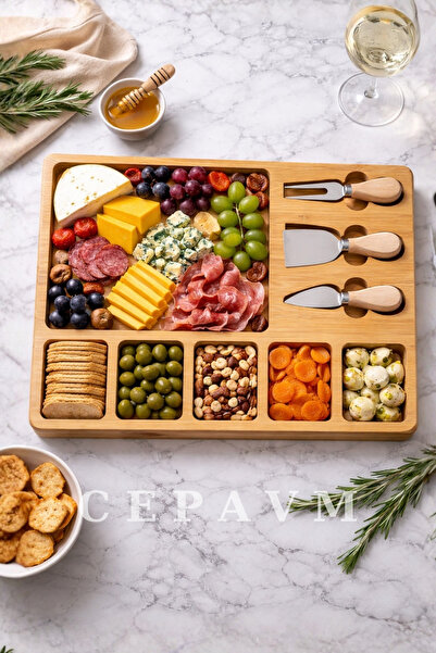CepAvm 45x30 cm Ahşap Şarküteri ve Peynir Sunum Seti 3 Bıçaklı Çok Bölmeli Se...