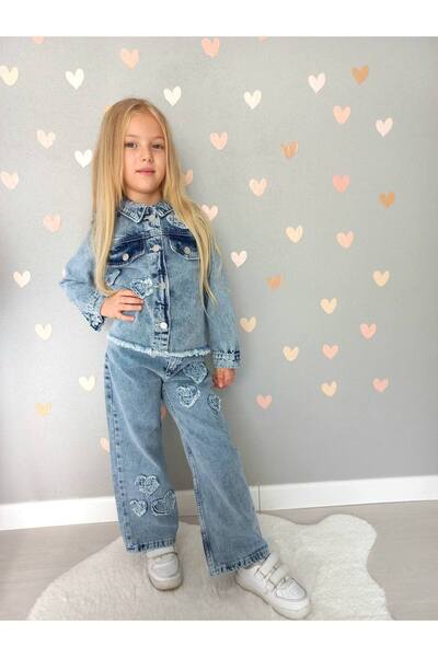 YARENKİDS Girls' Heart-Embellished Blue Denim Pants and Denim Jacket Set - Ho...