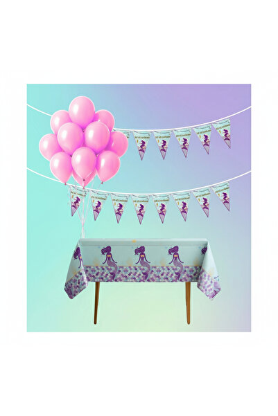 Umamiçe مجموعة حفلات حورية البحر - 10 بالونات وردية + راية + مفرش طاولة