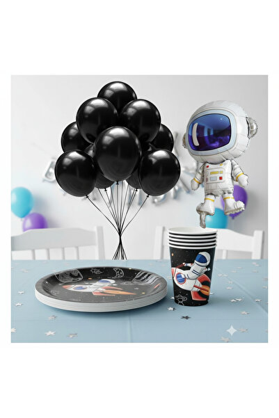 Umamiçe Uzay Party Set – 10 Black Balloons + 8 Plates and Cups + Foil Balloon