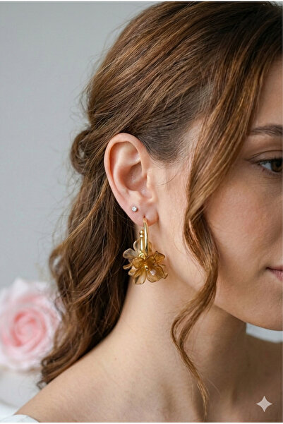 ABAS Kadın Miniçiçekli Gold Halkalı Küpe