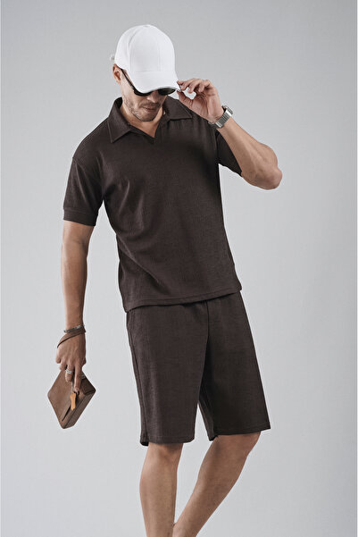 Butik Trend Biz Regular Polo Neck Jacquard Shorts T-Shirt Bottom Top Set