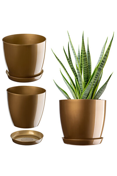 KADAX Ghiveci cu farfurie, capac din plastic, ghiveci auriu de 14 cm,