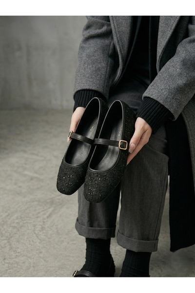 ÖRKCÜ أحذية نسائية ذو ملمس بارز ماري جين حذاء مسطح بإبزيم مقدمة مستديرة حذاء ...