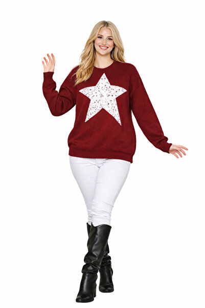MODASPARK Burgundy Crew Neck Star Patterned Oversized Women's Knitwear Sweater