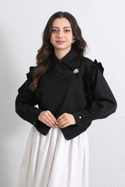 Salih Çelebi Cross Cut Ruffled Blouse Y0070 - Black
