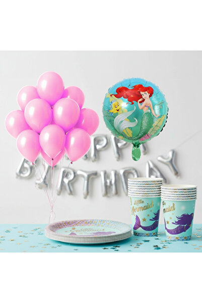 Umamiçe Mermaid Party Set – 10 Pink Balloons + 8 Plates and Cups + Foil Balloon