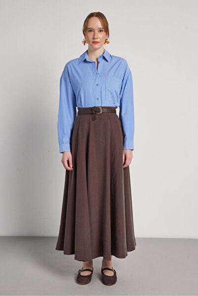 minaaise High Waist Segmented Premium Tencel Fabric Brown Long Skirt 31026