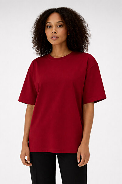 İLKCET MODA Unisex Claret Red Oversized Mold Tok Fabric Basic T-Shirt