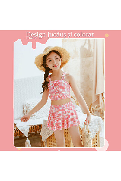 PriStyle Set Costum de Baie pentru Fete, Doua Piese, Model in Carouri Alb-Roz...