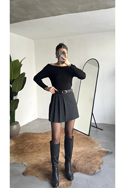 asfamoda Fustă mini cu pantaloni scurți pentru femei, antracit, talie înaltă ...