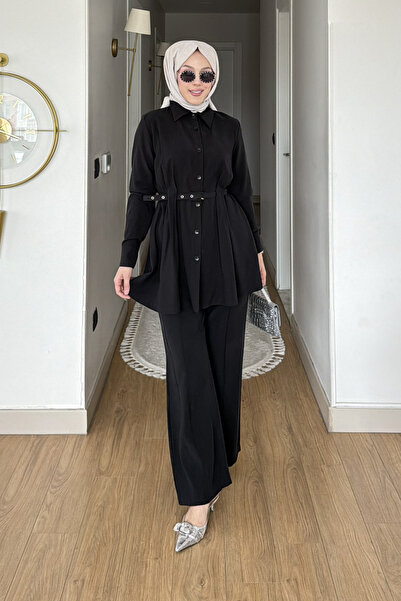 Tesettür Diyarı Merlin Cupra Tansel Kumaş Kemerli Tesettür Takım- Siyah