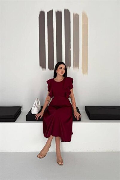 Neşeli Butik γυναικείο μπορντό φόρεμα Με λεπτομέρεια ζώνης με βολάν στα μανίκ...