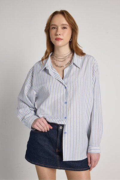 minaaise Women's Blue Striped and Stone Oversized Shirt 31050