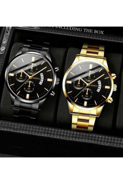 Geneva SET Men's Watch Elegant Luxury — Gold/Black, Metal Bracelet, Quartz