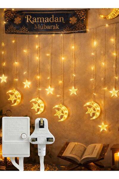 F.A.M.S Ramadan Curtain LED Lights – Moon & Star Warm White Fairy Lights