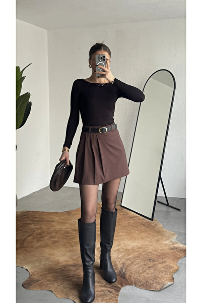 asfamoda Дамска кафява мини пола с висока талия, колан и плисета от вискоза