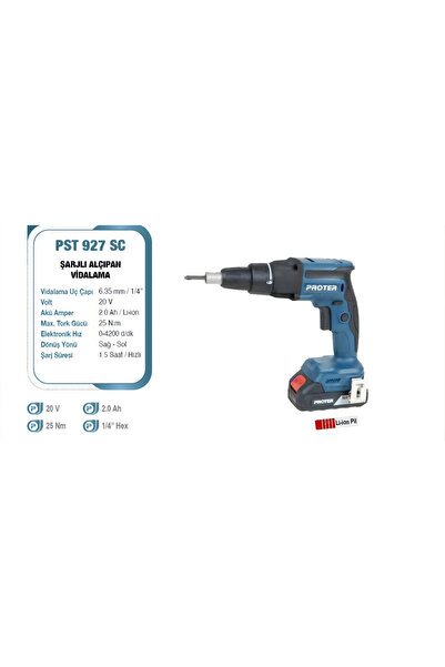 Proter PST 927 SC 1/4 '' 20 V 2 Ah Lion Pil 25 N.m Tork Şarjlı Alçıpan Vidala...