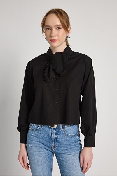 minaaise Women's Black Lace Detailed Scarf Collar Shirt 31005