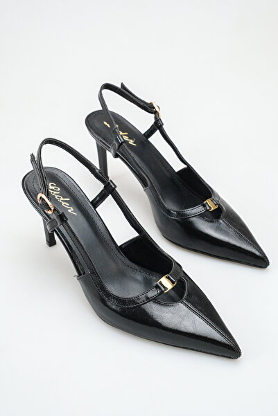 LDR Γυναικεία μαύρα λουστρίνια παπούτσια Λεπτό τακούνι u με μυτερή μύτη χρυσά...