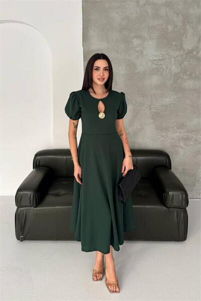Neşeli Butik Women's Green Balloon Sleeve Gold Brooch Detailed Midi Length Dr...