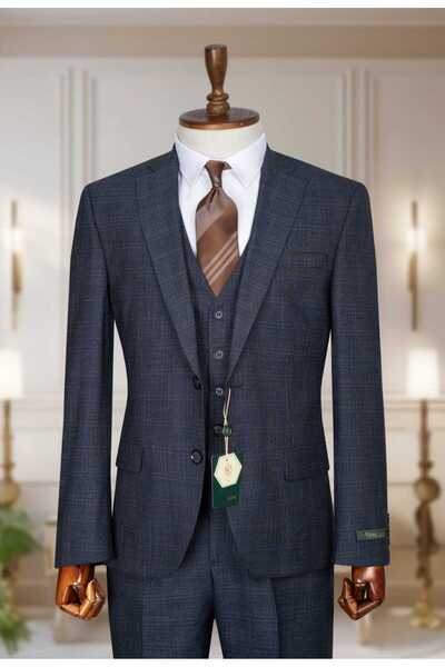 Yelekli Takım Elbise Slim Fit Kareli