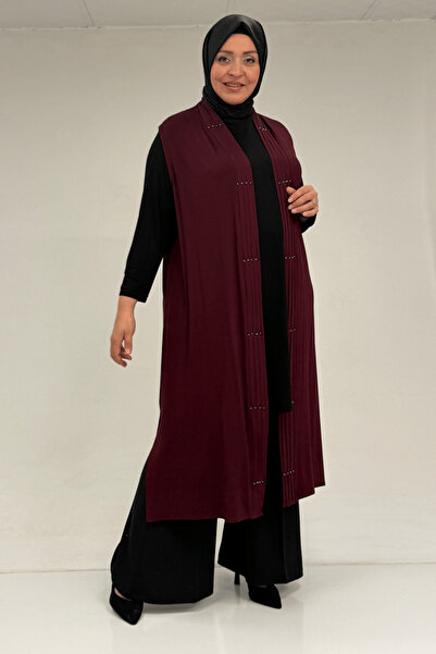 Eslina 54005 Büyük Beden Patı Pileli Giy Çık Yelek - Bordo