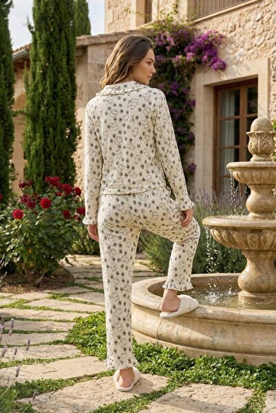 C&City Bürümcük Dokulu Düğmeli Pijama Takım Avokado