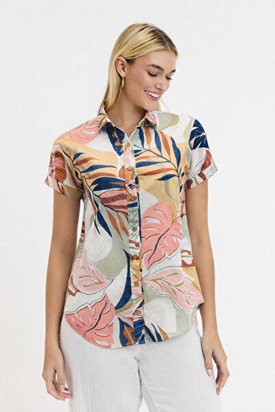 Heaven Ephesus Women's Shirt - Patterned Short Sleeve Shirt with Slubbed Coll...