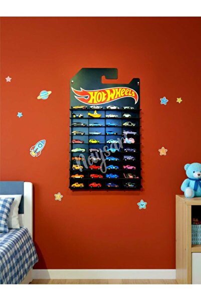 HOT WHEELS Hotwheels temalı eco siyah mdf 40 arabalık duvar rafı 1/64 araba D...