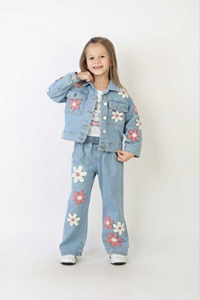 YARENKİDS Girls' Flower D Patterned Embroidered Blue Denim Pants and Denim Ja...