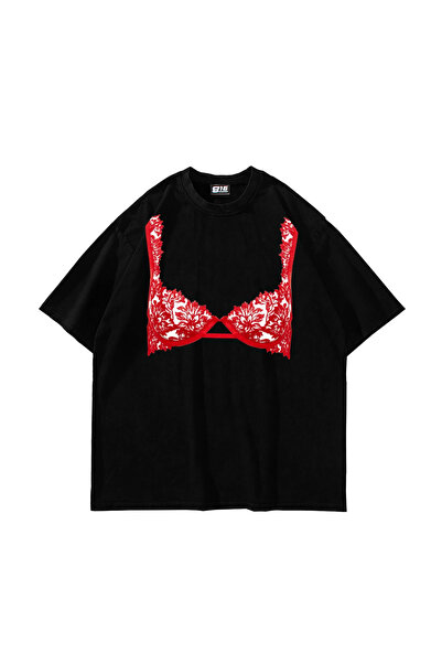 Bak Moda Κόκκινο μπλουζάκι με στάμπα σε σχέδιο σουτιέν, Oversize Unisex Μαύρο