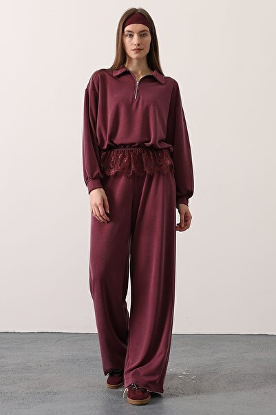 SHILSEE BEUTİQUE Women's Lace Set with Detail Zippers in Modal Colors Burgundy