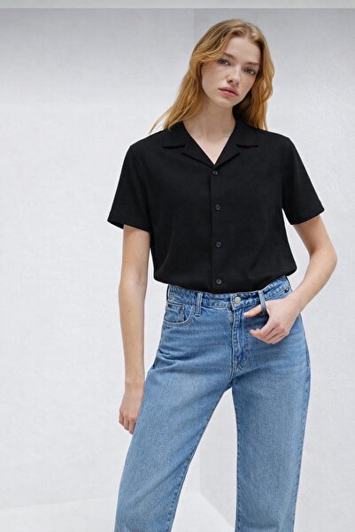 Mavi kadın waflle kısa kollu yazlık gömlek pamuklu rahat kalıp