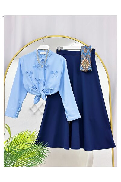 YEDİLALE Bow Detail Short Shirt Puff Scuba Flared Skirt Two-Piece Set [Exclud...