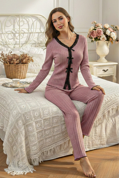 BELLA NOTTE Dusty Rose Cotton Piece Long Sleeve Elegant Lace Detailed Bow Lon...