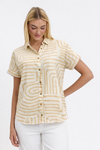 Heaven Ephesus Women's Shirt - Patterned Short Sleeve Shirt with Slubbed Coll...