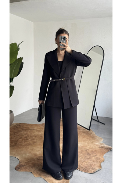 asfamoda Jachetă neagră de damă, curea piese, cu talie elastică, pantaloni pa...