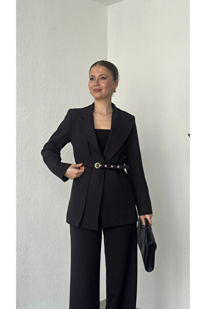 asfamoda Women's Black Belt Piece Blazer Jacket with Elastic Waist Palazzo Pants Two-Piece Set