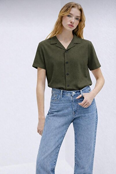 Mavi kadın waflle kısa kollu yazlık gömlek pamuklu rahat kalıp