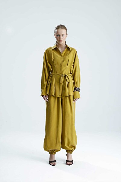 GACA COLLECTION Agapi̇ Mustard Belted Shirt and Shalwar Pants Set