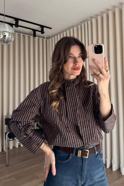 Sue Store Brown Scarf Detailed Oversized Shirt