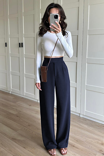 YAKAMEL Women's Elastic High Waist Velcro Palazzo Kr Crepe Umaş Pants