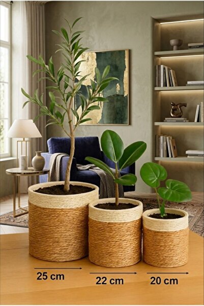 Bayev Hasır Beyaz 3'Lü Saksı Set - Doğal Hasır Beyaz Ağızlı Silindir Saksılık