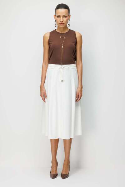 Ekol Beli Bağcıklı Pileli Midi Etek
