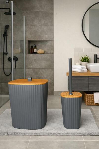 Okyanus Home Sapphire Adhesive Wooden Detailed Wc Brush Holder and Trash Can ...