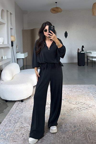 SHILSEE BEUTİQUE Women's Lace Set with Detail Zippers in Modal Colors Black