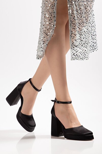 Saadet Kaya Butik Kadın Siyah Saten Platformlu Kapalı Burunlu Kalın Topuklu A...